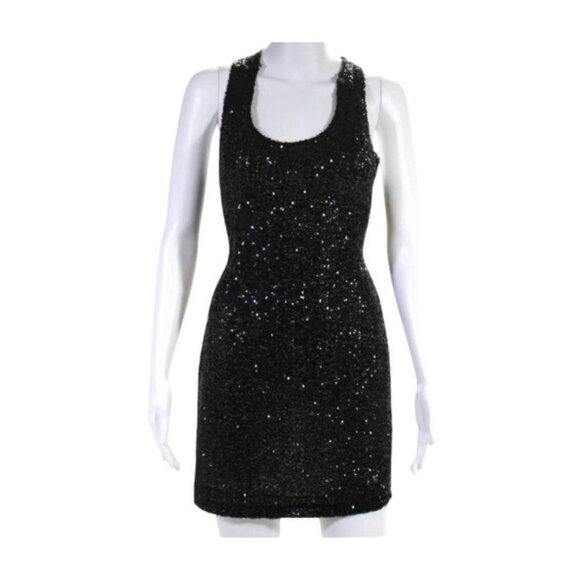 Lovers + Friends Black Sequin Mini Dress Cross Back Sleeveless Womens Size L - Picture 1 of 7
